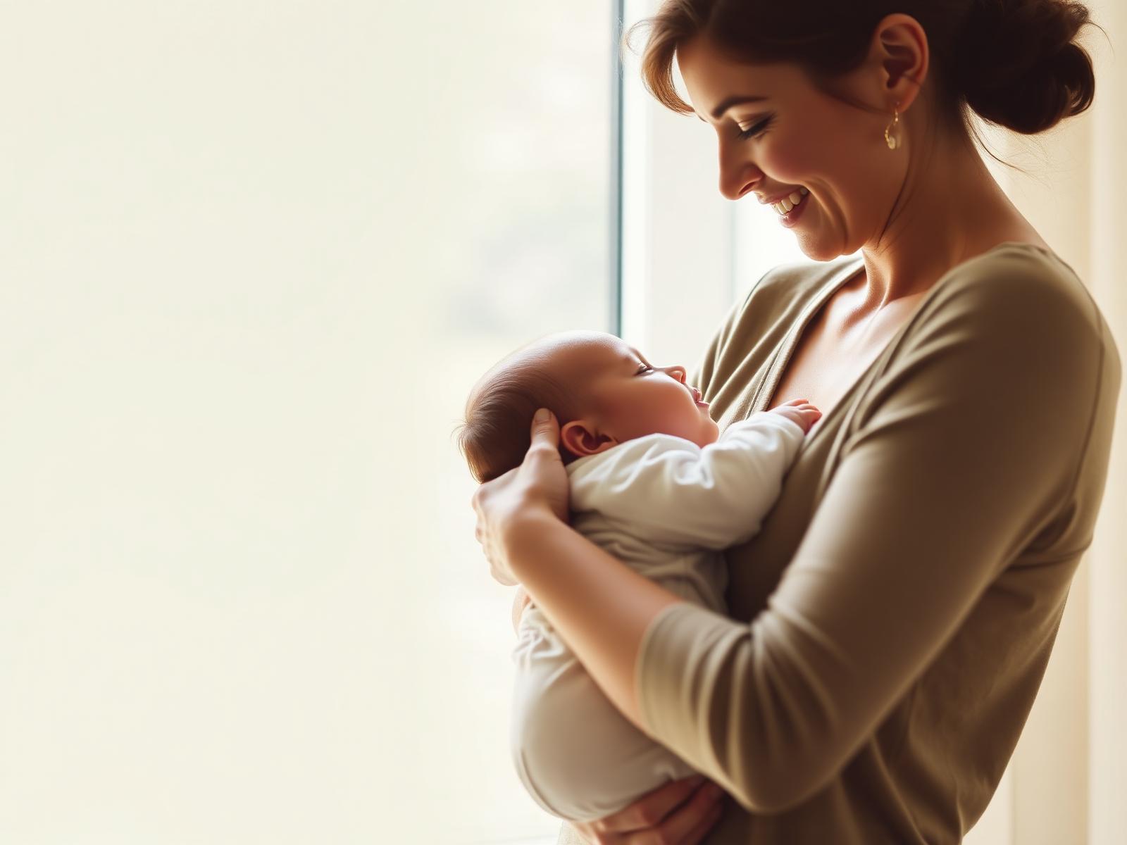 A mother holding her baby in warm natural light